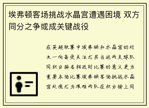 埃弗顿客场挑战水晶宫遭遇困境 双方同分之争或成关键战役