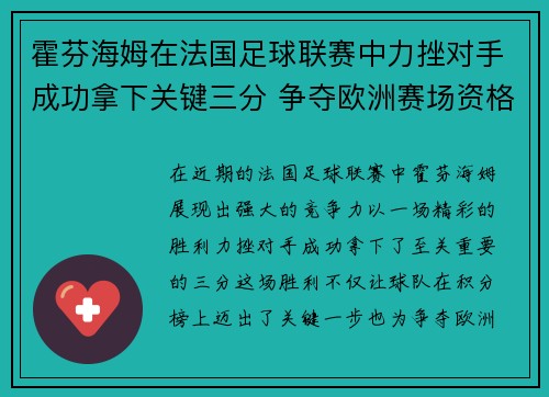 霍芬海姆在法国足球联赛中力挫对手成功拿下关键三分 争夺欧洲赛场资格再添信心