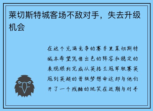 莱切斯特城客场不敌对手，失去升级机会