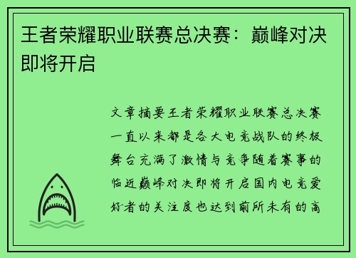 王者荣耀职业联赛总决赛：巅峰对决即将开启